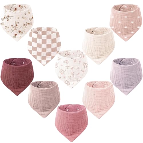 Image of Konssy Muslin Baby Bibs 10 Pack Baby Bandana Drool Bibs 100% Cotton for Unisex Boys and Girls, Soft Absorbent Set for Teething and Drooling