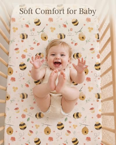 Image of Crib Sheets for Boys and Girls, 2 Pack Fitted Baby Sheets for Standard Toddler Mattress 28 inch x 52 inch, Soft Breathable Jersey Knit Baby Bedding (Honeybee Dreams)