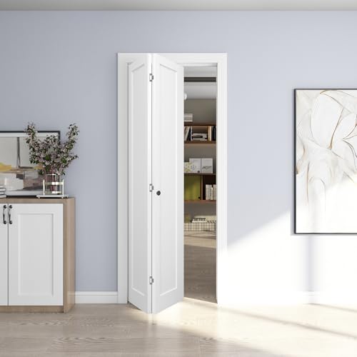 JUBEST 30in. x 80in. Bifold Door, 1 Panel Primed Bifold Interior Doors, Hollow Core Bi Fold Closet Door with Hardware Kit Include, Folding Doors for Laundry, Pantry & Bedroom