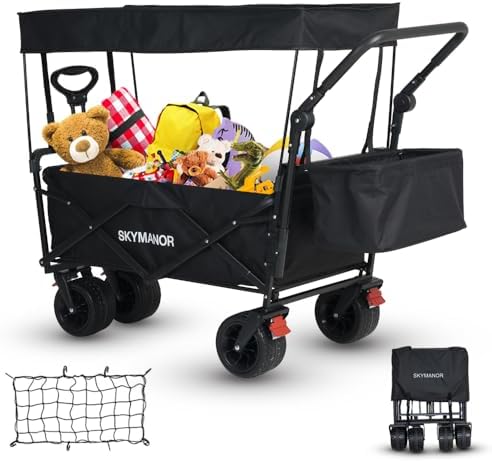 Dropship Collapsible Wagon Heavy Duty Folding Wagon Cart With Removable Canopy 4 Wide Large All Terrain Wheels Brake Adjustable Handlescooler Bag Utility Carts For Outdoor Garden Beach