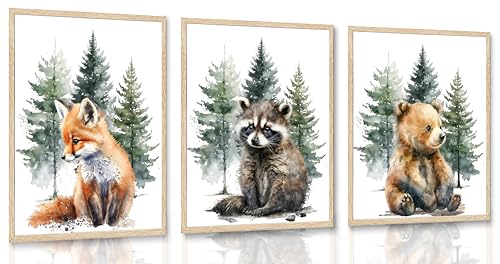 Image of YCXDMJ 3Pcs Forest Watercolor Canvas Wall Art Set | Fox Raccoon Bear Paintings, Kids Room Nursery Kindergarten Wall Decor, Posters Prints Pictures, Decoration Unframed