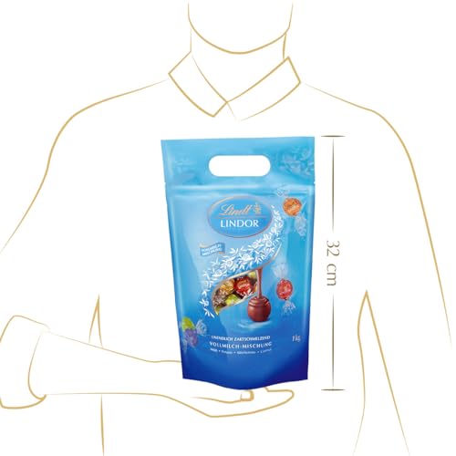 Lindt Schokolade LINDOR Kugeln Vollmilch Mischung | 1 KG Beutel, wiederverschließbar | ca. 80 Kugeln in 4 Sorten (Milch, Pistazie, Milchcrème, Caramel) | Großpackung | Schokoladengeschenk