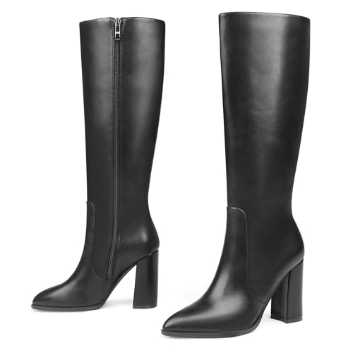 MERUMOTE Women's Black Knee Boots Closed Toe Chunky Heels Side Zipper Boots Black Matte US10