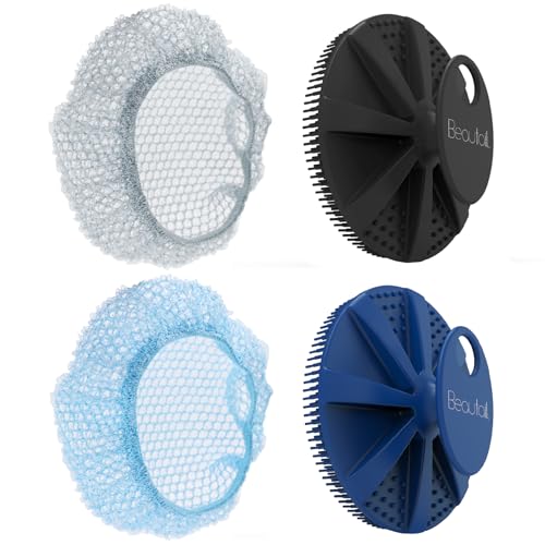 Image of Silicone Body Scrubber & Scrub Nets, BEAUTAIL 4 Pack - Rich Foam and Exfoliation with Gentle Brush or Firmer Net Options - Hygienic, Durable, Easy to Clean - 2 Brushes (Black+Blue), 2 Nets (Gray+Blue)