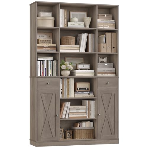 HOSTACK 74' Tall Book Shelf and Bookcase, 45' Wide Bookcase with Doors and Drawers, Modern 6 Tier Bookshelf with Storage, Large Wood Display Cabinet with Adjustable Shelves for Home Office, Ash Grey