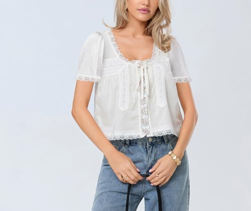 Women Lace Button up Shirt Short Sleeve Semi Sheer Ruffle Blouse Y2k Going Out Tops Coquette Flowy Clothes3
