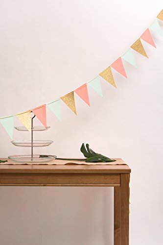 Paper Banner Flags Triangle Banner Flags For Wall Decor, Wedding Garland, Birthday Party, Baby Shower,Gold Glitter+Coral Pink+Mint Green,15 Pcs #TOP3