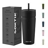 COKTIK 24oz Insulated Tumbler with Lid and Straw Iced Coffee Cup Reusable Stainless Steel Travel Mug Water Bottle Cupholder Friendly for Women Men Her Him (Black)