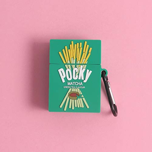 C CASESOPHY Ultra Thick Soft Silicone 3D Cartoon Pocky Matcha Green Tea Flavor Biscuit Stick Case with Hook for Apple Airpods 1 2 Japanese Fun Cute Lovely Girls Boys Son Daughter Kids Teens