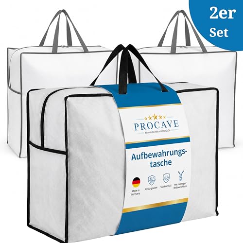 PROCAVE Aufbewahrungstasche für Bettdecken & Kissen 5er Set - Bettwarentasche groß - Tasche für Bettwäsche mit Reißverschluss - Bettdecken Aufbewahrungstasche atmungsaktiv - Made in Germany