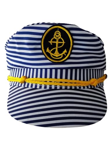 Image of BookMyCostume Unisex Blue and White Striped Sailor Captain Cap - Yacht Cap with Embroidered Anchor Badge and Gold Detail - Classic Marine Costume Accessory for Boat Parties & Summer Cruises | Adults