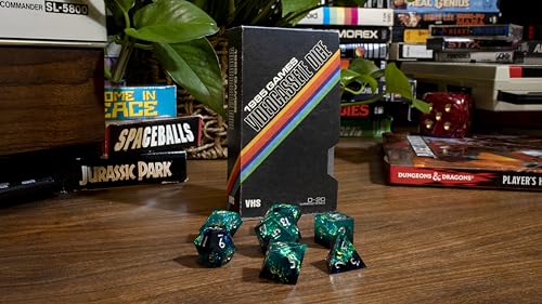 Image of 1985 Games Sharp Edge DND Dice Set - Surge 7 Piece Polyhedral Dice in Retro VHS Box - TTRPG Tabletop RPG Game Accessory