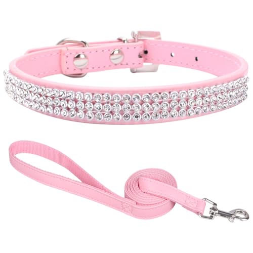 Suiecuor Collare e Guinzaglio per Cani di Piccola Taglia, Collare in Pelle con Strass e Hardware in Lega di Zinco, Regolabile, Rosa, XS