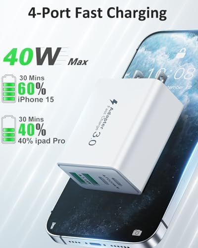 2-Pack USB C Wall Charger, 40W Fast USB C Charger Block, 4-Port Dual PD Power Adapter+ QC Multiport USB Wall Plug Double Type C Charging Block for iPhone 16 15 14 13 12 11 Pro Plus Max XR, Samsung - 1