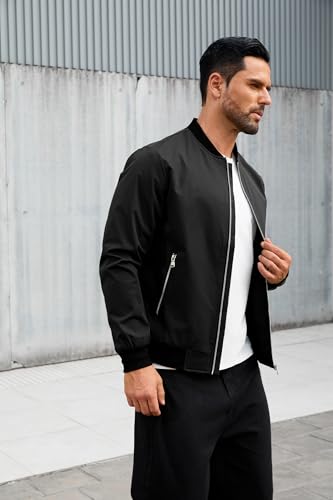 Image of QTE Black Bomber Jacket for Men Lightweight Casual Baseball collar jacket Coat Spring Fall Windbreaker Zip Up Coat with Pocket