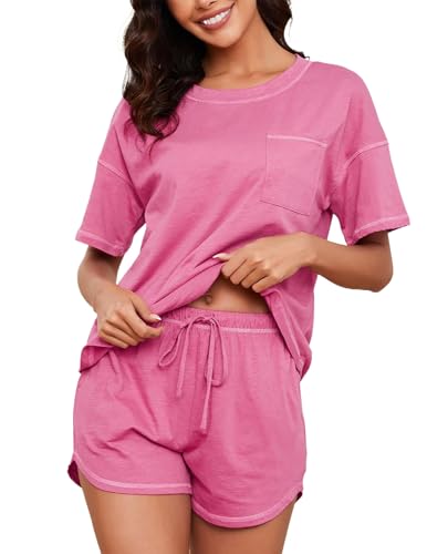 Image of KCW Pajamas for Women Set 2 Piece 100% Cotton Lounge Sets Short Sleeve Top and Shorts Pj Set Sleepwear Outfits