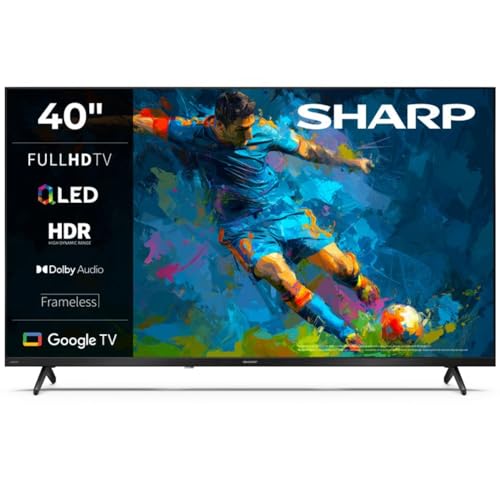 SHARP 40HF3365E – Google TV, 40' FHD, Rahmenlos, 60 Hz, QLED, Google Assistant mit Mikrofon, Chromecast, Bluetooth, 2x8 W Sound, 3X HDMI, 2X USB, Farbe: Schwarz