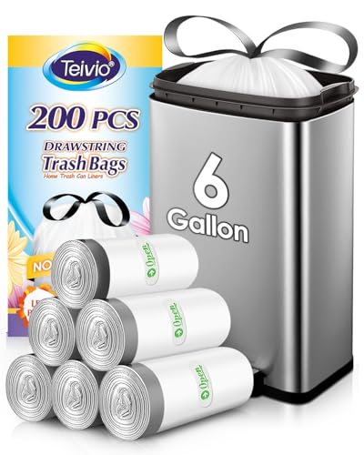 Image of Teivio 6 Gallon 200pcs Strong Drawstring Trash Bags Garbage Bags, Bathroom Trash Can Bin Liners, Plastic Bags for home kitchen office, White
