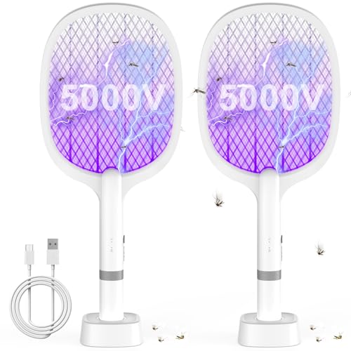 YOUBST Elektrische Fliegenklatsche 5000V, Extra Stark Fliegenklatsche Elektrisch, 2 in 1 USB Typ-C Elektro Mückenklatsche mit Akku Aufladbar& UV Lichtfalle für Mücken, Fliegen, Wespe, Motten (2 Stück)