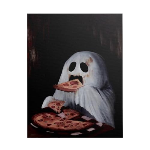 Funny Ghost Eating Pizza Wall Art,Ghost With Pizza Halloween Print Poster,Cute Spooky Painting Prints,Humorous Halloween Coffee Shop Art,Ghost With Pizza Poster Kitchen Decor 16x24inch unframed
