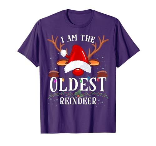 99 Gifts Christmas Reindeer Costume Party I Am The Oldest Reindeer Unisex-Adults Black Crew Neck Modern Letter Print T Back Christmas Holiday T-Shirt