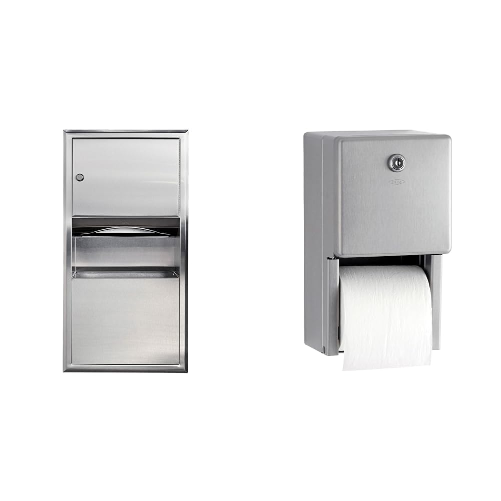 BOBRICK 369 28"H 14"W Stainless Steel Recessed Paper Towel Dispenser with 2-Gallon Waste Receptacle and BOBRICK 2888 11"H 6"W Stainless Steel Surface-Mounted Multi-Roll Toilet Tissue Dispenser Bundle