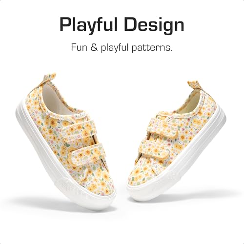 DREAM PAIRS Kids Toddler Sneakers Boys Girls Canvas with Cartoon Dual Hook and Loops for School Walking,Size 7 Toddler,Yellow/Flower,KKUMFN2508