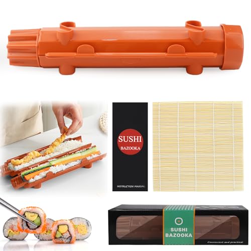 CHRI Sushi Maker Bazooka, Kit de sushi à faire soi-même, Sushi Roller Maker Bazooka et tapis en bambou pour débutants (Orange)