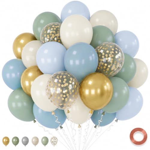 Image of Dusty Sage Green Blue Balloons, Muted Slate Blue Green Gold Balloon, 12 Inch Olive Green Cream White and Gold Balloon for Woodland One Silly Goose Lucky Birthday Decor Baby Bridal Shower Decorations