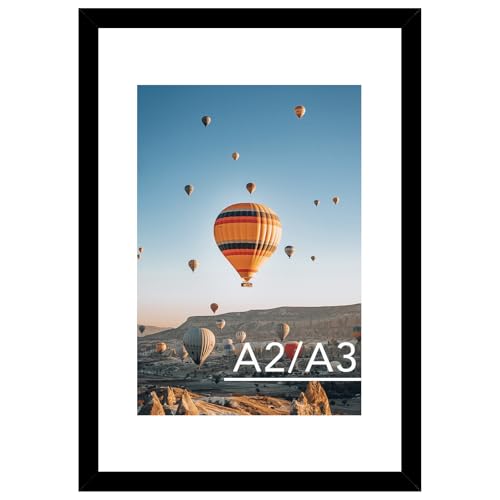 Image of JCJMY 16.5x23.4 A2 Picture Frame Black with 11.7x16.5 A3 Mat, Display Photo 11.7x16.5 with Mat or 16.5 x 23.4 Without Mat, Wall Hanging Large Frame with Plexiglass, Black