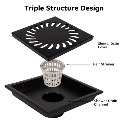 Heaorld Matte Black Square Shower Drain, 6 X 6 Inch Bathroom Floor Drain, Turbine Pattern Grate Removable, Sus 304 Stainless Steel, Inlude Hair Strainer #TOP5