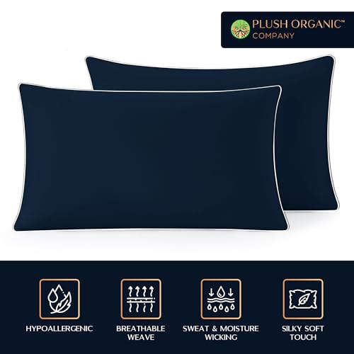 Image of Queen Luxury 4 Piece Bedsheet Set, Navy with White Piping, Cooling Resort Bedding, Deep Pockets, Ultra Soft, Viscose derived from Bamboo, Organically Grown, 300 Thread Count