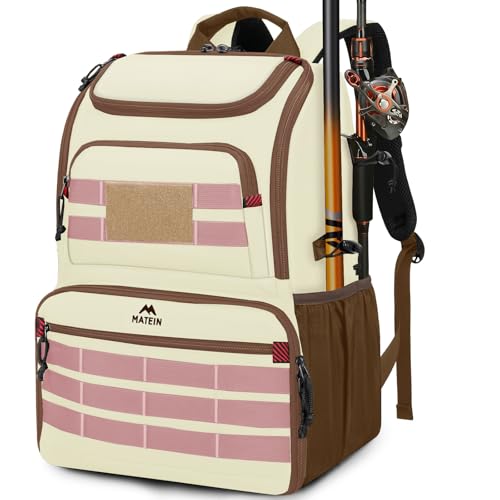 MATEIN Womens Fishing Backpack Tackle Box, Water Resistant Tackle Backpack Fishing Bags with Cooler & Rod Holders, Large Fish Storage Gear Accessories, Fish Gifts for Women, Beige & Brown & Pink