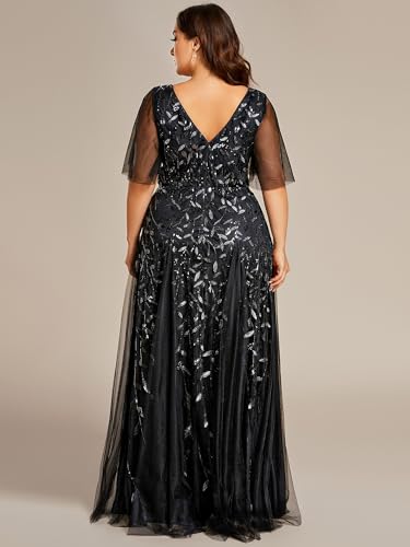 Image of Ever-Pretty Women's Sequin V Neck Plus Size Formal Dresses Evening Gown | Short Sleeve, A-Line, Empire Waist, Plus Size Mother of the Bride Dresses, Plus Size Gala Dress