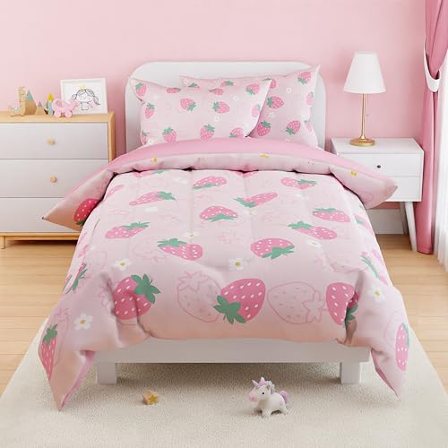 Image of SANDJEST Strawberry Comforter Set Twin Size 68x86in for Kids Girls, Microfiber 3 Pcs Bedding Set Includes 1 Comforter, 1 Pillowcase, 1 Fitted Sheet, Nursery Room Decor
