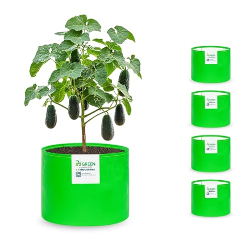 Image of HDPE Grow Bags for Plants 12X15 Inch (Pack of 5) | 260 GSM Heavy Duty UV-Protected Round Green Colour Plant Bags for Terrace and Vegetable Gardening | Strong & Reusable|