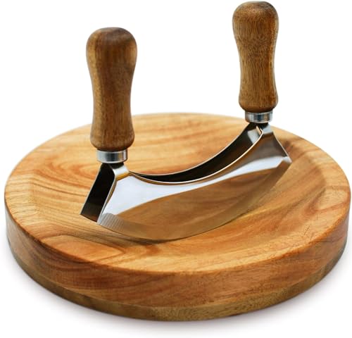 TIYOORTA MEZZALUNA KNIFE AND CUTTING BOARD – Double Blade herb chopper ULU Knife with 8 inch