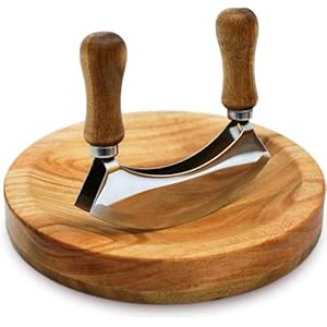 MEZZALUNA KNIFE AND CUTTING BOARD – Double Blade herb chopper ULU Knife with 8 inch Recessed Board Set– For Efficient Mincing Nuts n Veggies