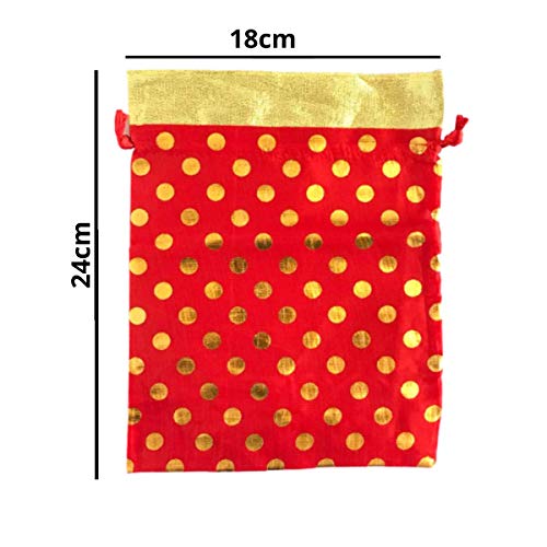 Image of Women's Polka Dot Potli Bags for Return Gifts Wedding Gift for mom Potli Purse Gift Bags Fancy Potli bag Diwali Potli Karwachauth Potli - Red Polka 1kg Large size (25cm x 27cm)