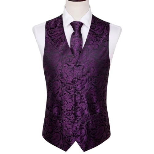 Men's Silk Waistcoat Tie Set Solid Paisley Pattern Vest Pocket Square for Wedding Business3