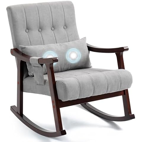 AVAWING Upholstered Rocking Chair with Massage Lumbar Support, Comfy Rocker Glider Chair for Nursery, Modern High Back Armchair for Living Room, Indoor Chair for Petite, Polyester, Light Gray Cover