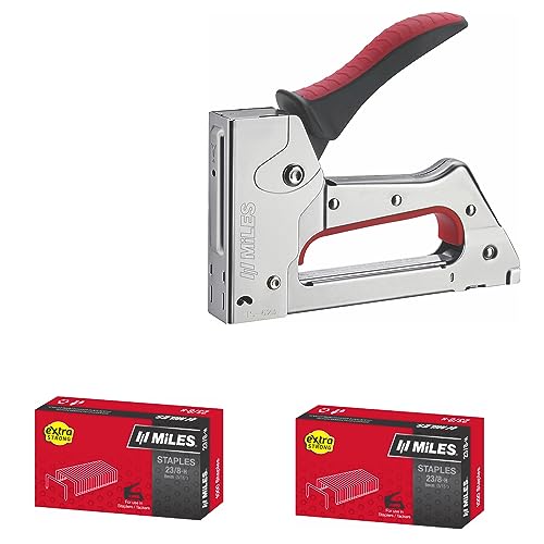 Image of MILES Metal TS-623 Gun Tracker | 2000 pcs 23 /8 Stainless Steel Staple Pins | Silver body Red handle Color | Combo | Hardware | Industry|Textile | Leather | Canvas| Sofa Car Seat Stapler