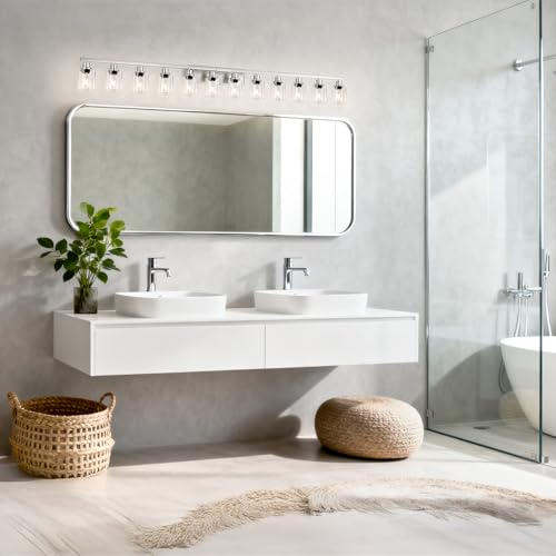 Image of Brushed Nickel Bathroom Vanity Light, 12 Light Brushed Nickel Bathroom Lighting fixtures Over Mirror, Brushed Nickel Bathroom Vanity Lights Wall Lighting for Mirror Bedroom, Living Room