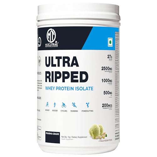 Image of MuscleTrail Pharma Grade Ultra Ripped Whey Protein Isolate - Premium Protein for Men & Women - 27g Protein - Supports Muscle Growth, Strength & Recovery - L-Carnitine (1Kg,Kaju Kesar Pista)