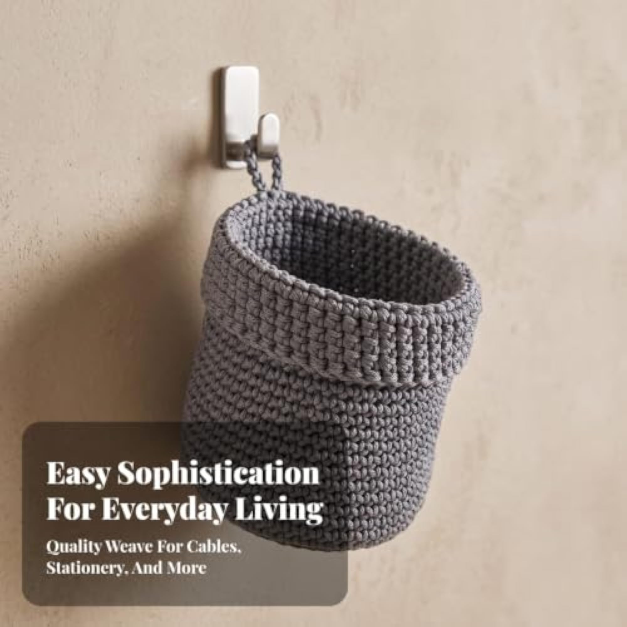 Boho Crochet Basket with Hanging Loop, Decorative Organizer, Gray, 13x14cm