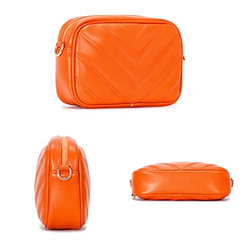 Image of Herald Chevron Quilted Small Crossbody Bag with Coin Purse Pouch, Women Square Camera Side Shoulder 2 Size Handbags (Orange)