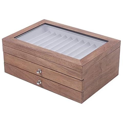 KIOPOWQ 34 Slots Wood Pen Display Box Walnut Wood Fountain Pen Collect Box Organizer with Clear Top Large Capacity Vintage Pen Case Cover