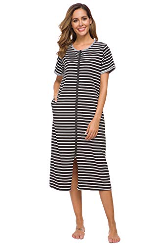 Vslarh Women Short Sleeve Zip Front Nightgowns Full Length Cotton Robes Loose Housecoat Loungewear With Pockets (B&W,Large) #TOP10