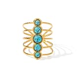 Adjustable 14K Gold-Plated Vintage Ring for Women with Natural Turquoise Blue Stone, Multi-Band Women’s Jewelry, Adjustable Bohemian-Inspired Ring, Maximalist Design