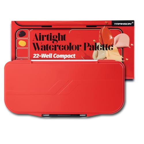 Transon Watercolor Palette Folding with Lid 18wells 2 Mixing Areas and 1 Large Mixing Tray Also for Gouache Acrylic Paint Palette Red Color